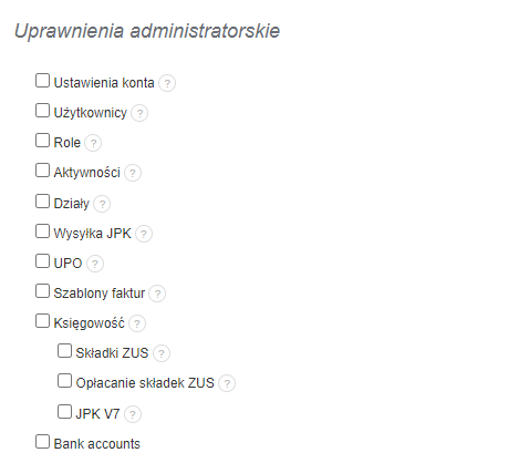 Lista uprawnień administratorskich do zaznaczenia dla nowej roli, zawierająca opcje takie jak ustawienia konta, użytkownicy, role, działy, wysyłka JPK, księgowość i inne.
