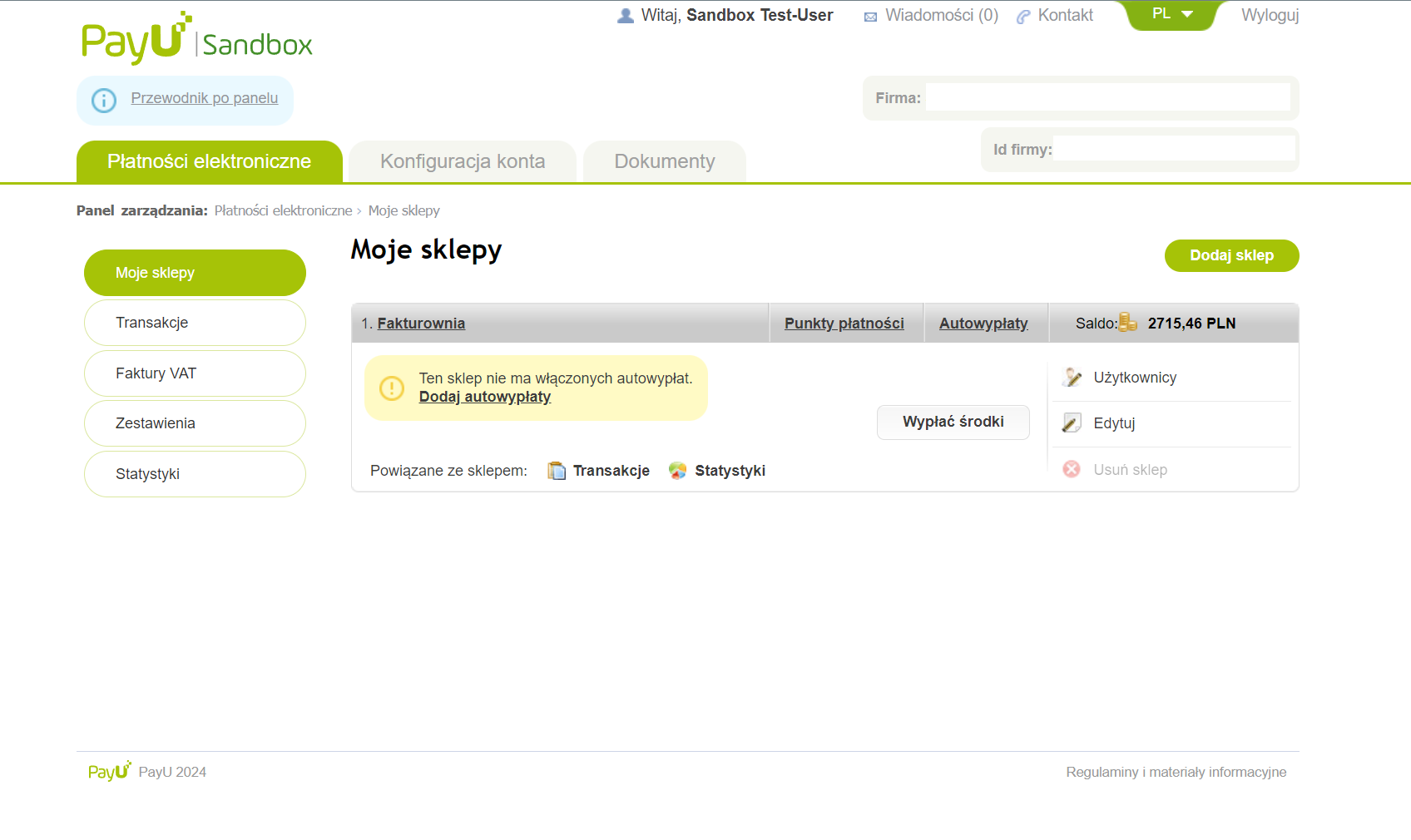 Panel użytkownika w bramce płatności PayU z aktywną zakładką moje sklepy.