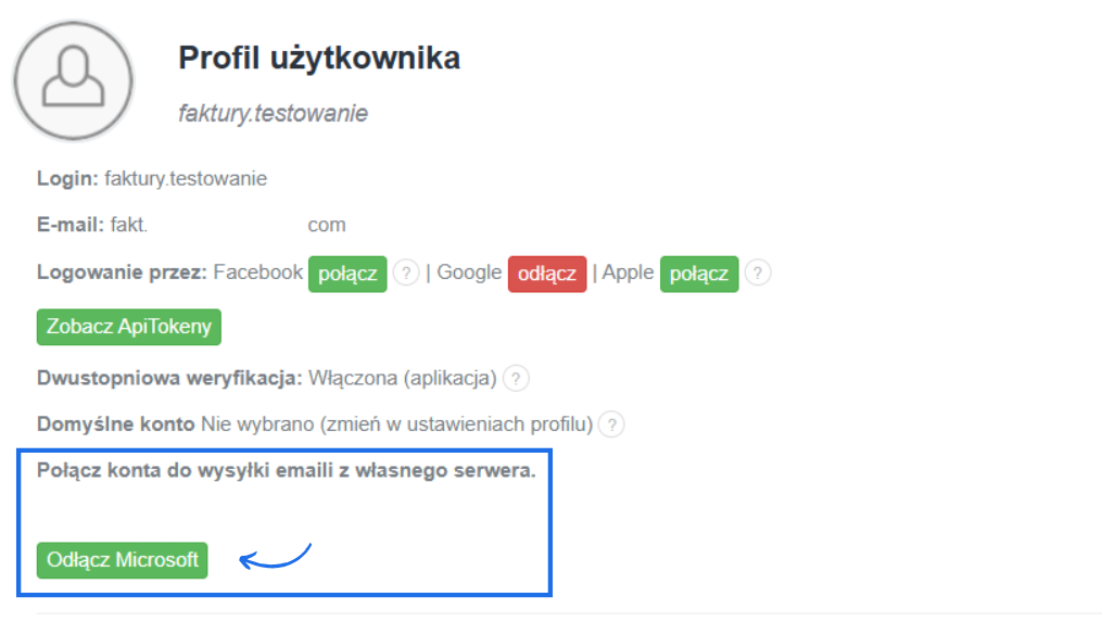 Profil użytkownika z przyciskiem do odłączenia usługi Microsoft niezbędnej do wysyłki przez własny serwer.