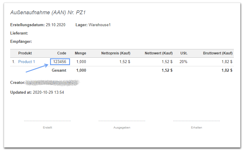 de produkt code drucken2