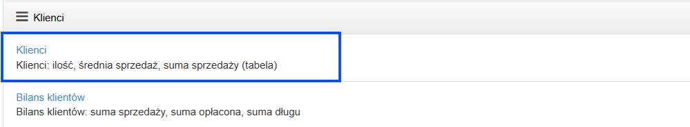 Lista raportów w systemie Fakturownia z raportami wyszukującymi dane po kliencie.