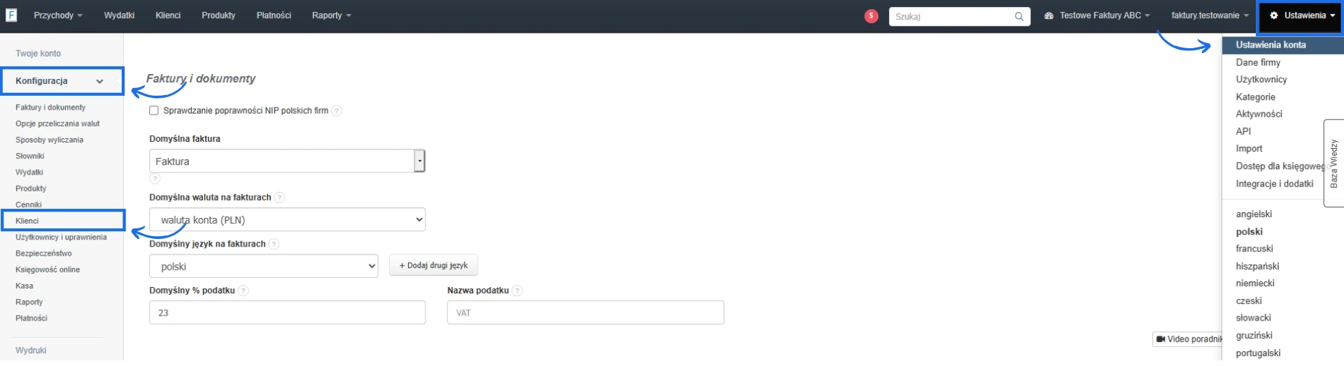 Panel ustawień konta z podświetlonymi sekcjami Konfiguracja, Klienci i domyślną walutą oraz językiem na fakturach.