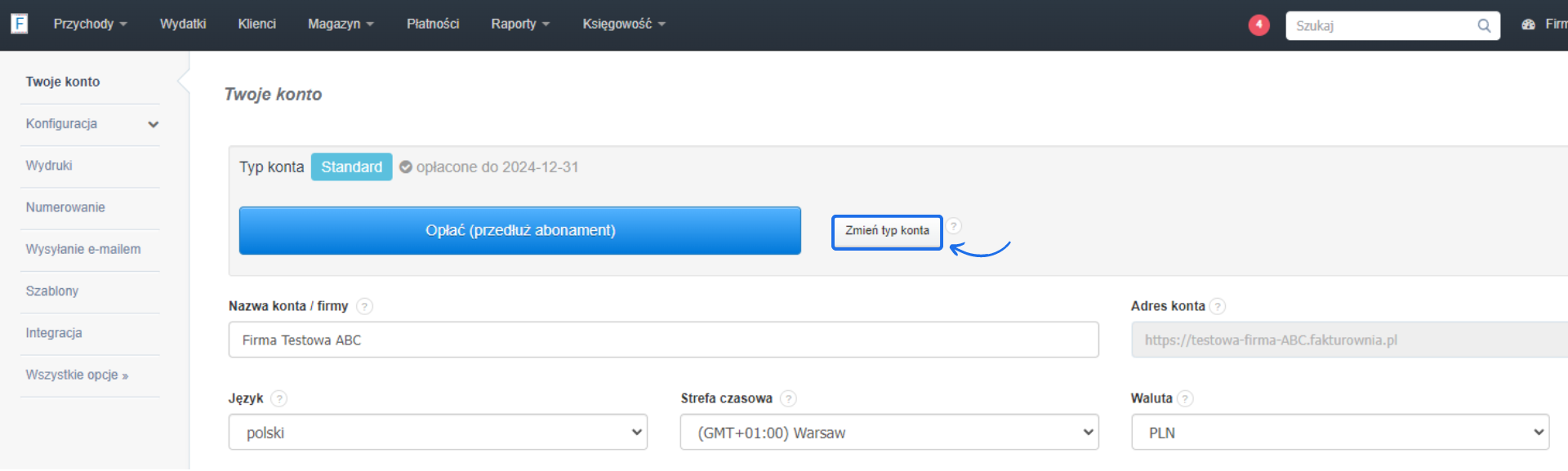 Panel ustawień konta w systemie fakturowania, z opcją zmiany typu konta. Widoczne są przyciski 'Opłać (przedłuż abonament)' i 'Zmień typ konta' oraz szczegóły dotyczące konta firmy.