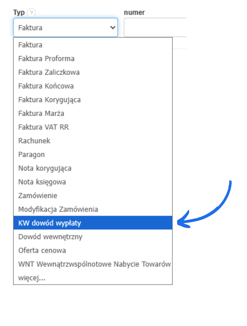 Lista rozwijana typu dokumentu w Fakturowni z zaznaczoną opcją „KW dowód wypłaty” jako rodzaj wydatku.