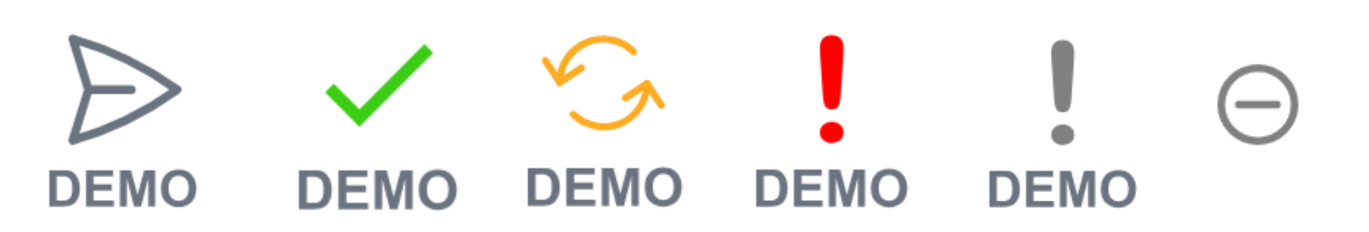 Ikony statusów KSeF w trybie DEMO: gotowe do wysyłki, wysłane, w trakcie, błąd, brak odpowiedzi i brak wysyłki.