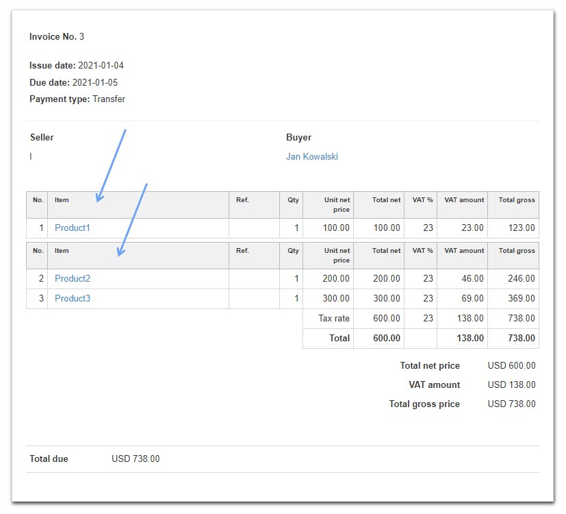 subdivision invoice items