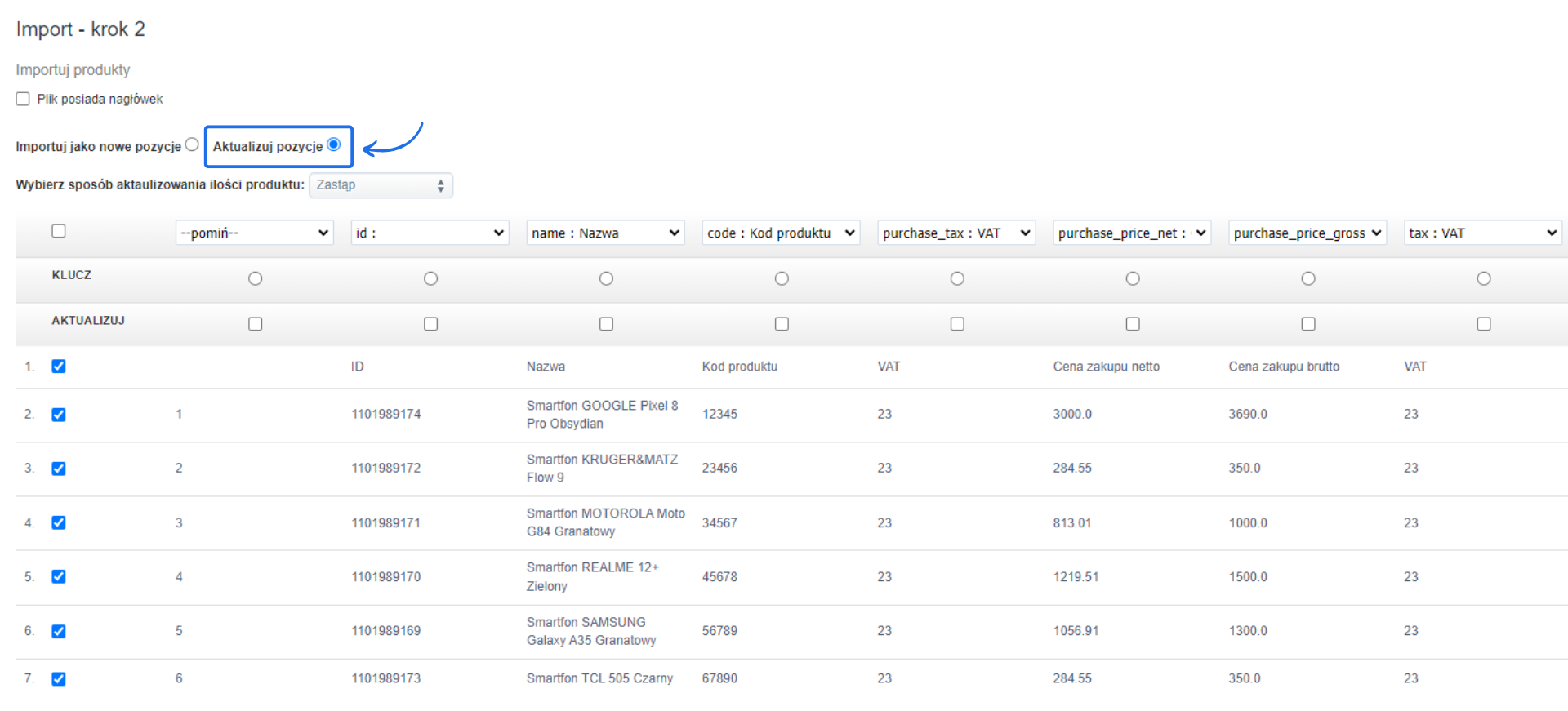 Zrzut ekranu z krokiem 2 procesu importu produktów, z wybraną opcją 'Aktualizuj pozycje' oraz listą produktów do aktualizacji.