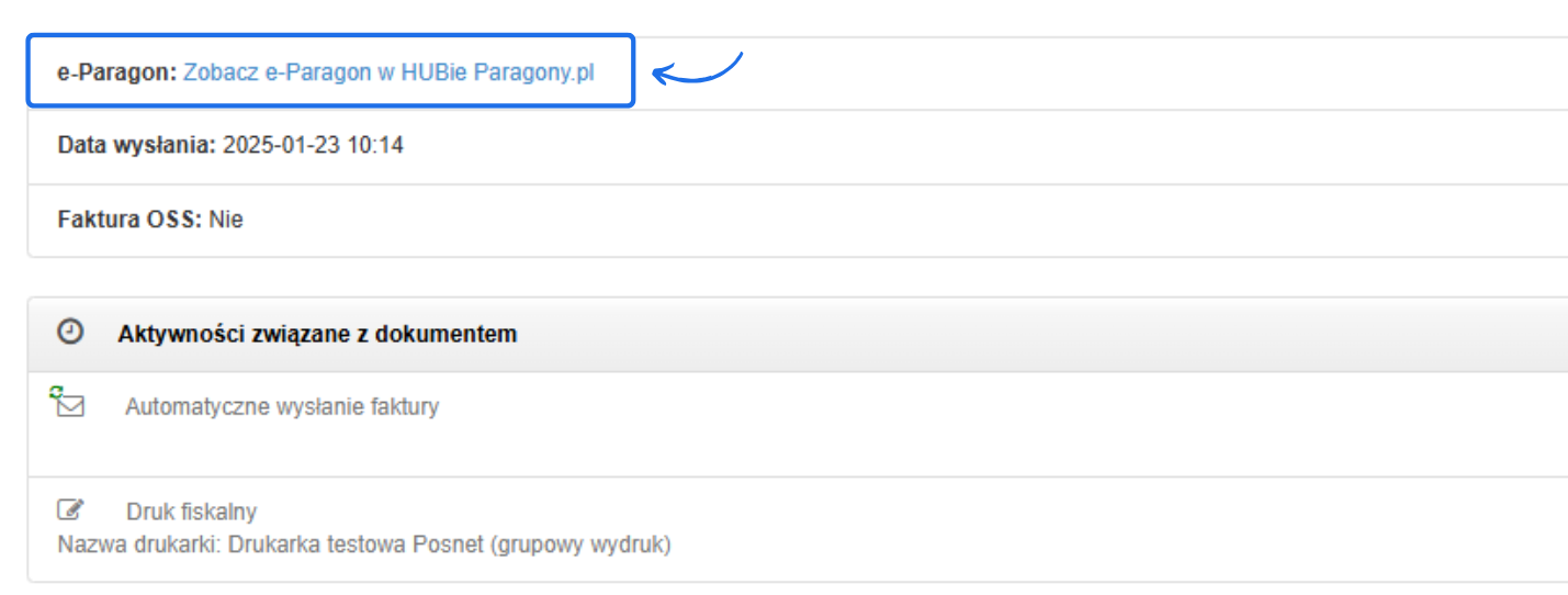 Podgląd dokumentu z opcją przeglądania e-Paragonu w HUBie Paragony.pl. Zawiera informacje o dacie wysyłki i aktywnościach związanych z dokumentem.