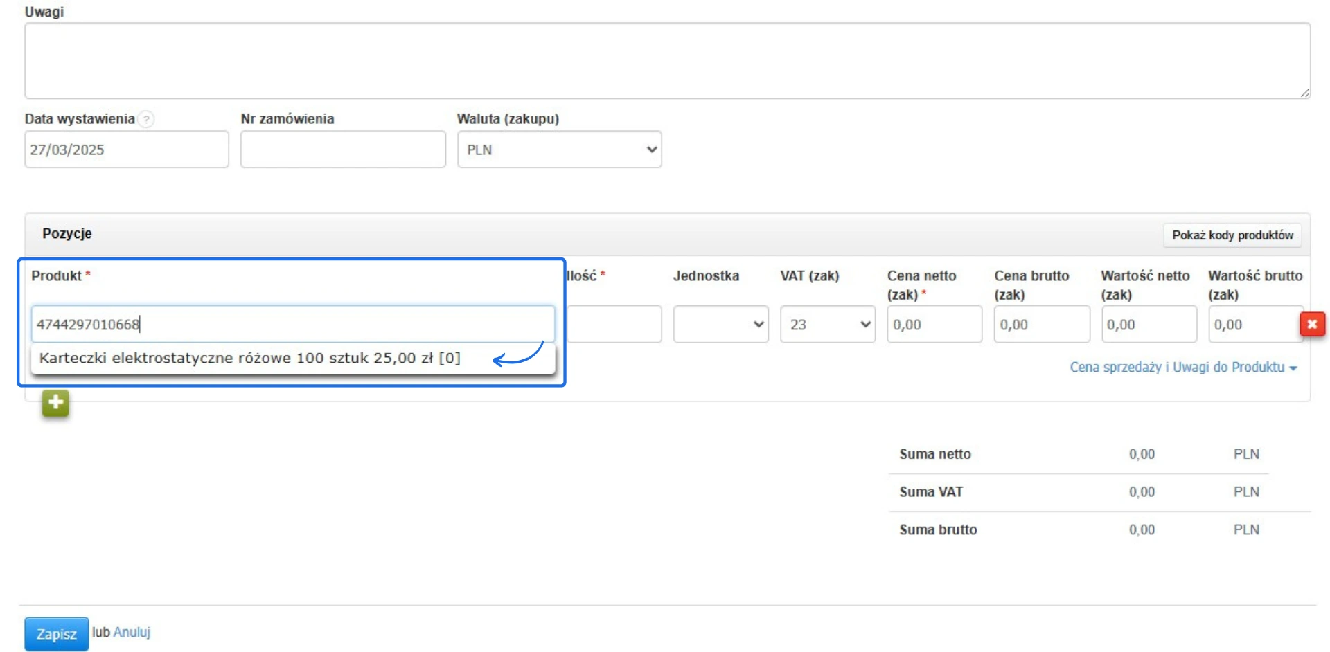 Dodawanie produktu po kodzie EAN w dokumencie magazynowym dzięki opcji zaczytywania produktu za pomocą czytnika kodów.