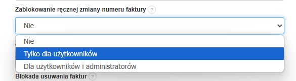 Opcja blokady zmiany numeru faktury w Fakturownia.pl z rozwijanym menu ustawień: brak blokady, tylko dla użytkowników, dla administratorów.