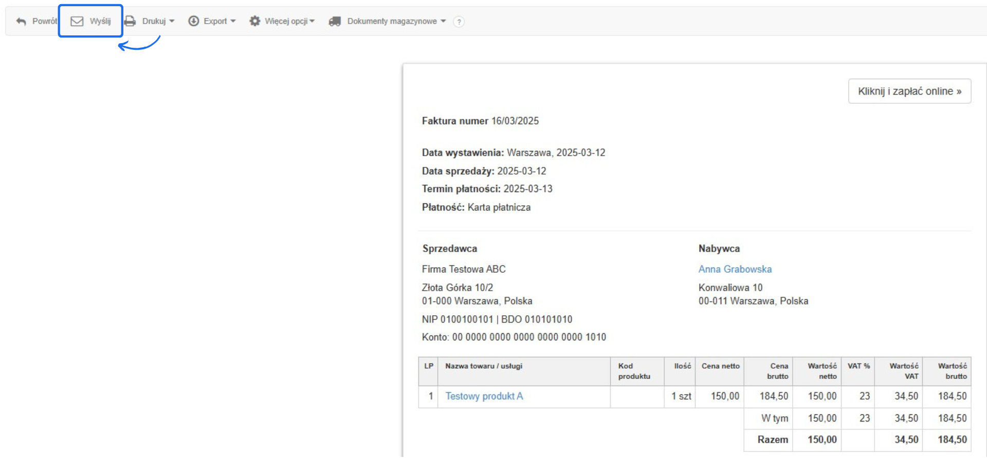 Podgląd faktury z opcją wysyłki e-mailem, zawierający dane sprzedawcy, nabywcy, termin płatności i szczegóły zakupu.