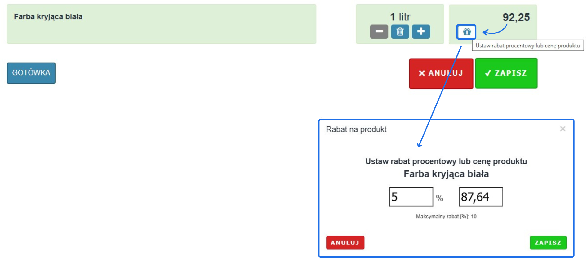 System POS – ustawienie rabatu 5% na produkt 'Farba kryjąca biała', obniżając cenę z 92,25 PLN na 87,64 PLN.