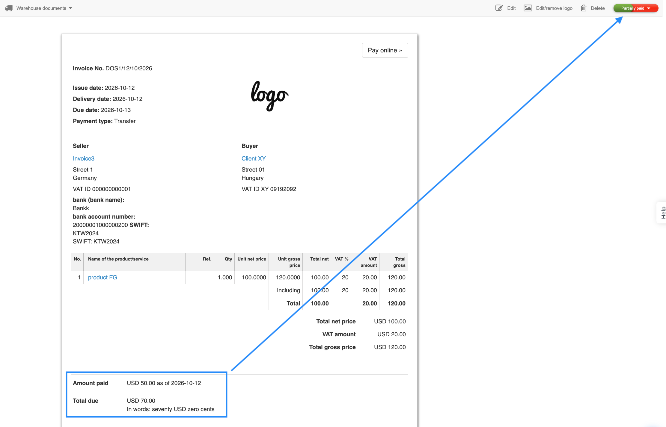 Invoice printout with the amount paid, payment date and updated total due