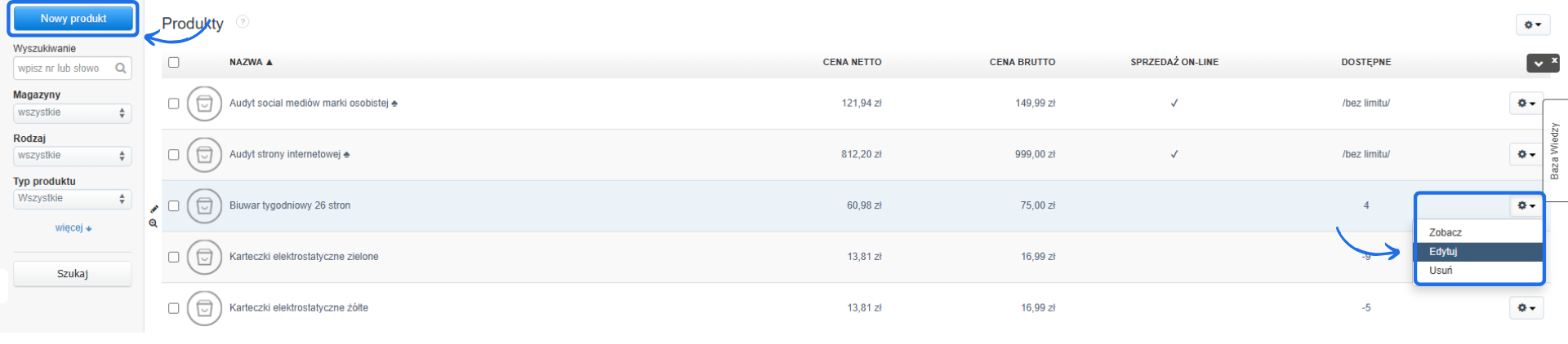 Lista produktów w systemie księgowym z zaznaczonym przyciskiem 'Nowy produkt' oraz opcją edycji dla wybranego produktu.