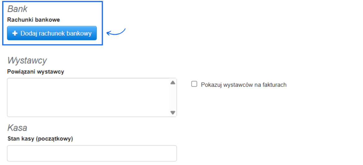 Sekcja Bank w formularzu tworzenia/edycji działu w systemie Fakturownia z możliwością dodania nowego rachunku bankowego.