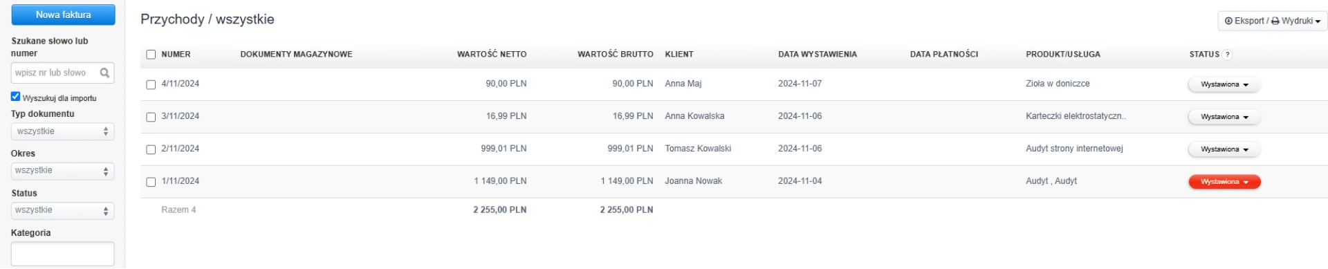 Lista przychodów z opcją wyszukiwania dla importu, pokazująca numery faktur, wartości netto i brutto, klienta, daty oraz status dokumentów.