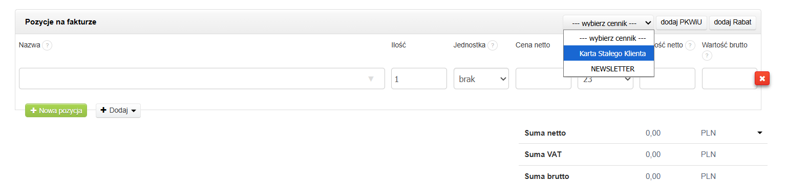 Sekcja z pozycjami na formularzu tworzenia faktury z możliwością wyboru i przypisania cennika.