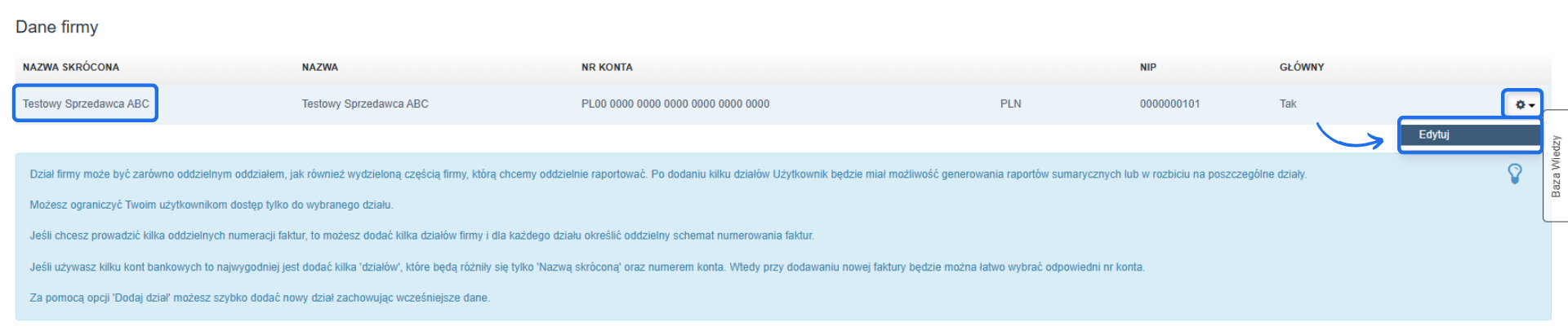 Sekcja 'Dane firmy' w Fakturownia z zaznaczoną opcją edycji dla Testowego Sprzedawcy ABC, umożliwiającą zmianę informacji firmowych.