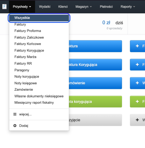 Menu rozwijane w systemie fakturowania, sekcja 'Przychody' z wyborem opcji takich jak Faktury, Paragony, Noty Korygujące, Zamówienie.