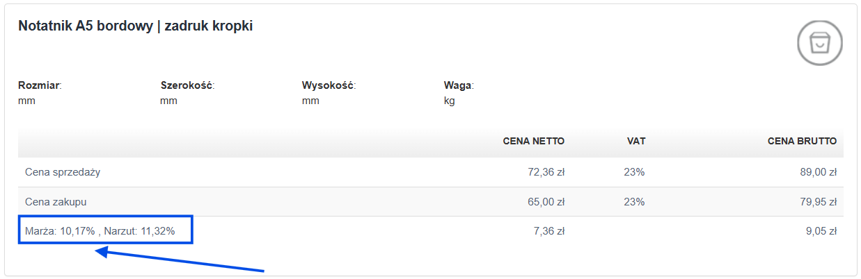 Karta produktu z podstawowymi informacjami jak cena sprzedaży i zakupu oraz wyliczoną marżą i narzutem.