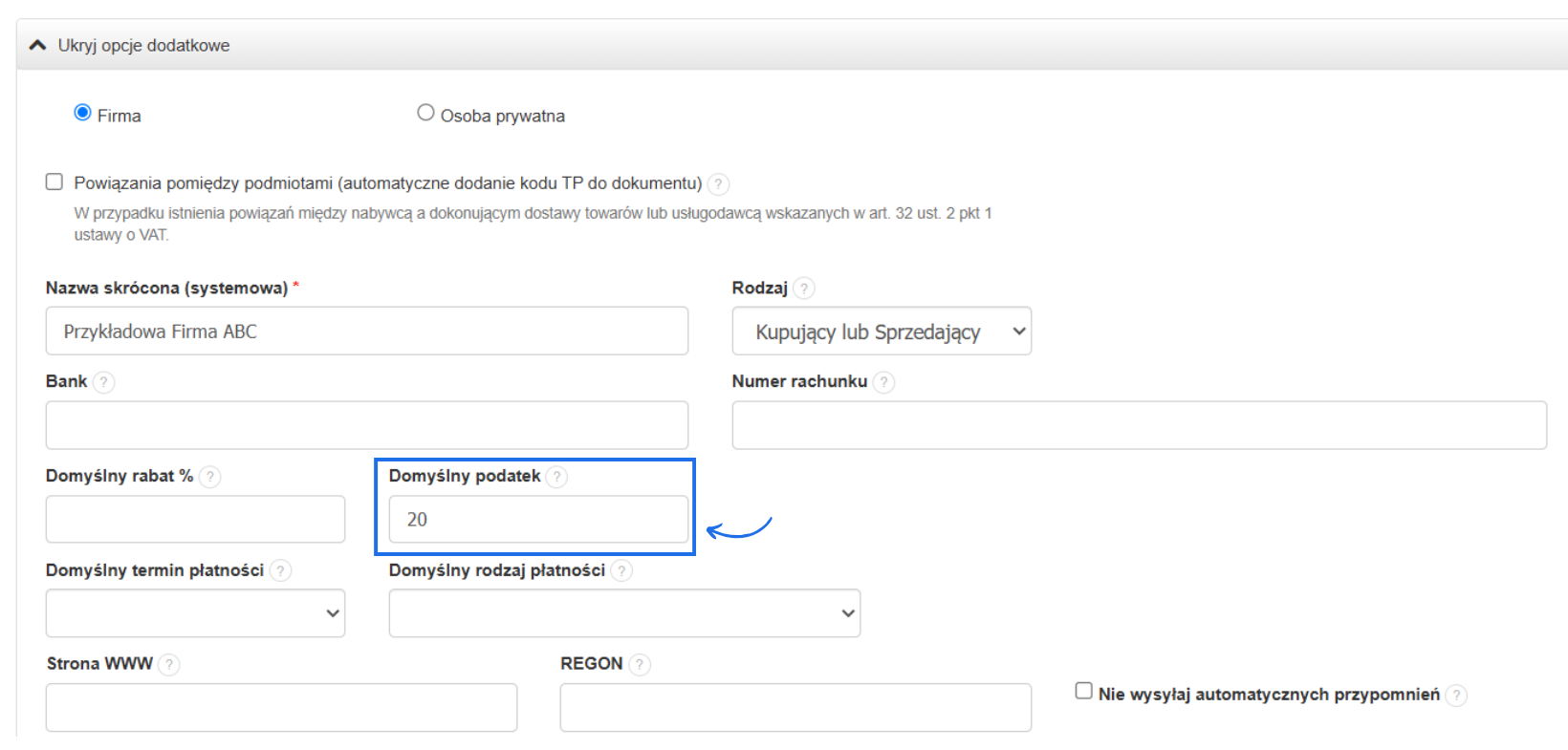 Formularz tworzenia/edycji klienta z możliwością określenia szczegółowych ustawień w tym domyślnego rabatu, terminu i formy płatności oraz domyślnej stawki podatku.