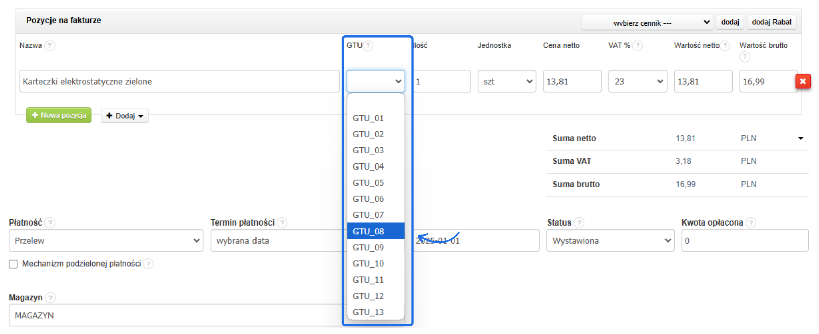 Wybór kodu GTU na pozycji faktury w systemie, z rozwijaną listą kodów i szczegółowymi opcjami dotyczącymi płatności i magazynu.