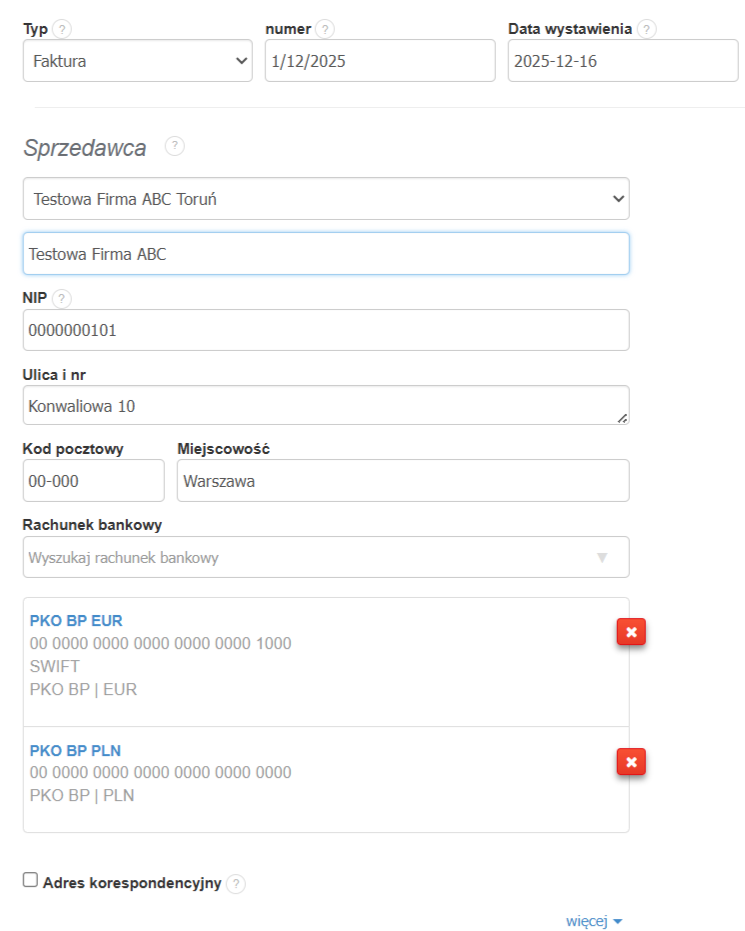 Lista rachunków bankowych powiązanych z działem widoczna w danych Sprzedawcy po zaczytaniu działu na formularzu tworzenia faktury.