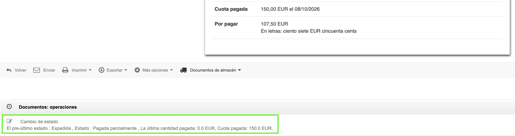 Registro del cambio de estado de la factura en la sección Documentos: operaciones