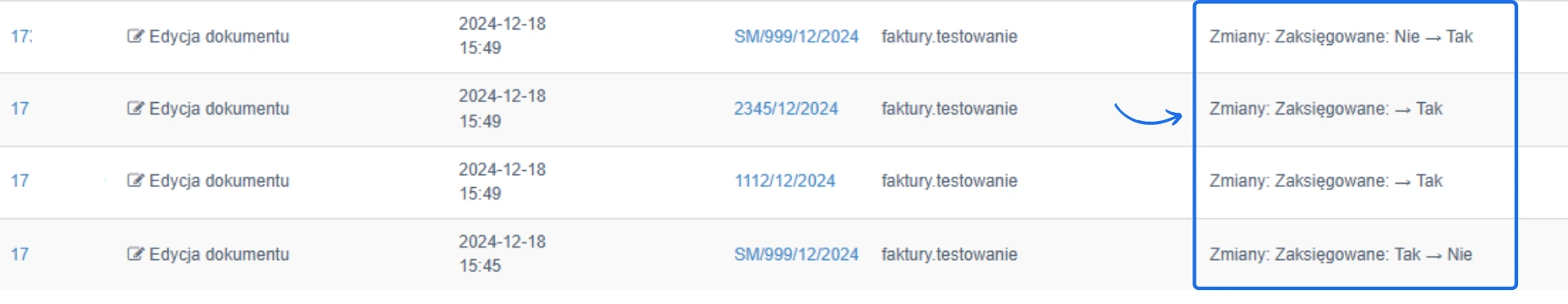Historia zmian dokumentów w Fakturowni z edycją statusu 'Zaksięgowane' oraz szczegółami zmiany z 'Nie' na 'Tak' lub odwrotnie.
