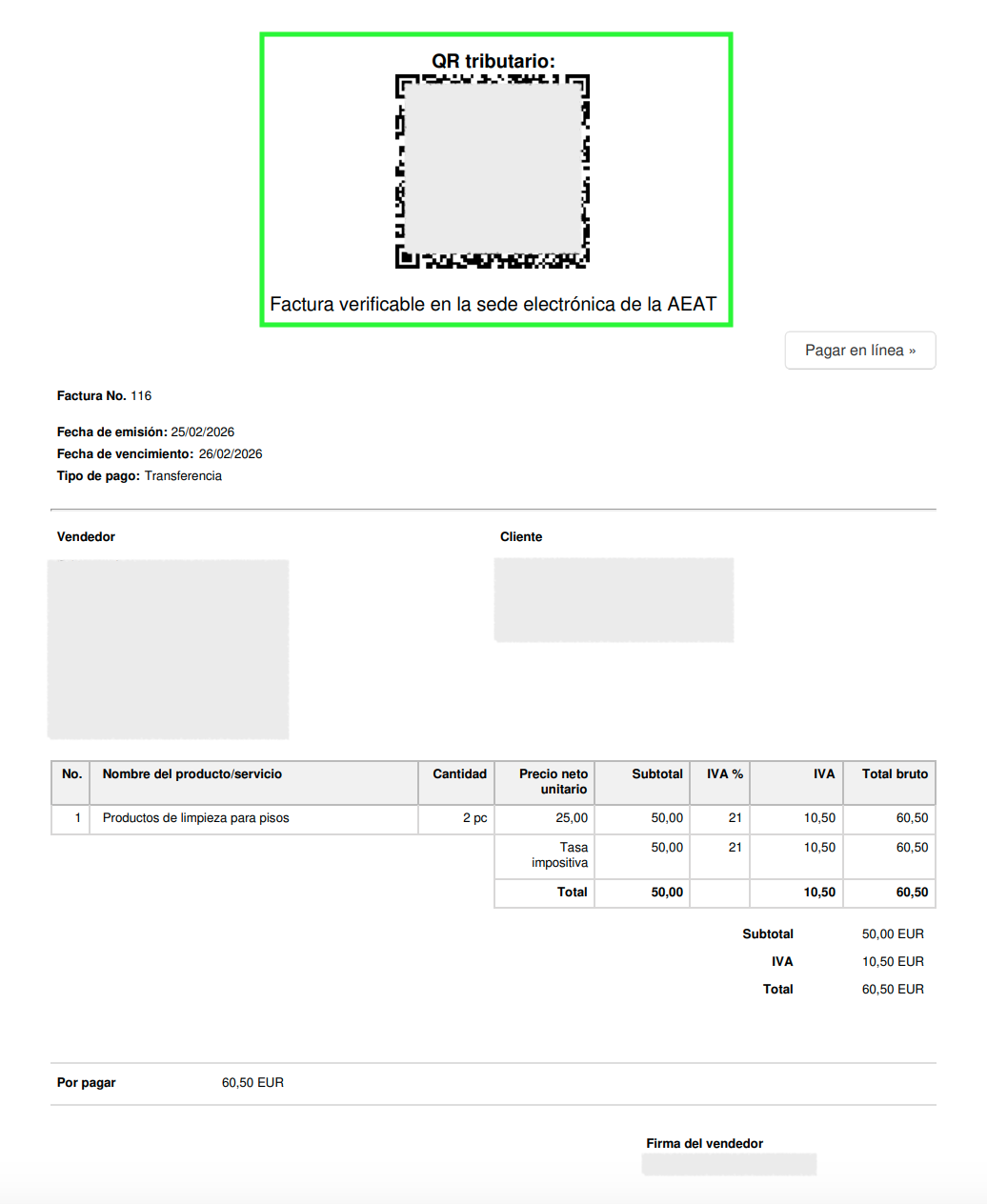 Przykład oznaczenia weryfikacyjnego Verifactu na fakturze PDF