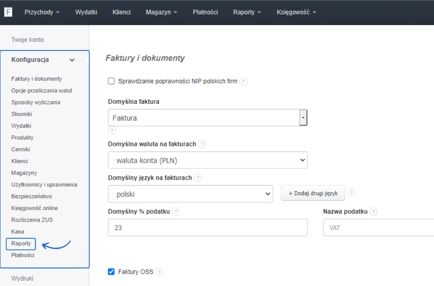 Ustawienia konta w systemie do fakturowania online z aktywną sekcja konfiguracji ustawień raportów i statystyk.