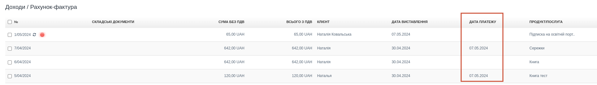 data na liscie z fakturami