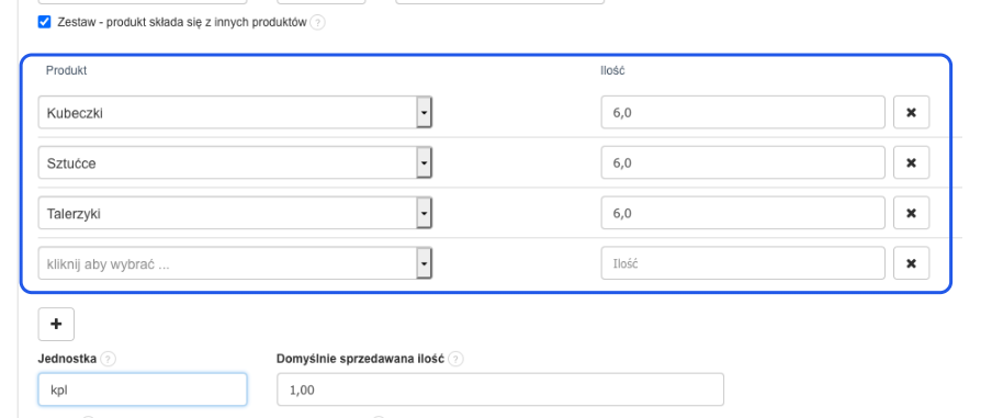 Tworzenie zestawu w Fakturowni - produkty Kubeczki, Sztućce, Talerzyki po 6 szt., jednostka kpl, domyślna ilość sprzedaży 1.