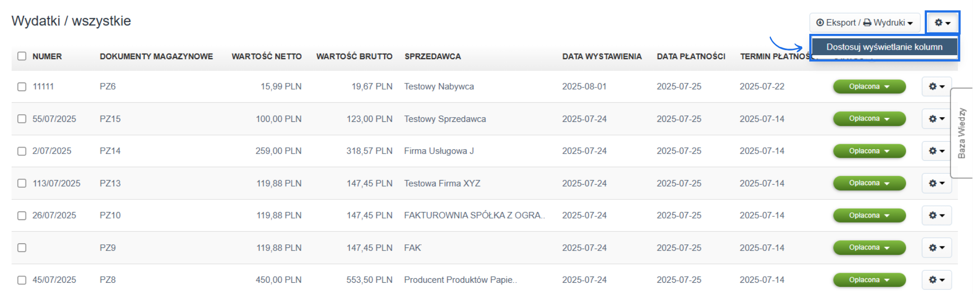 Lista faktur kosztowych z domyślnymi kolumnami i opcją dostosowania wyświetlania kolumn na liście.