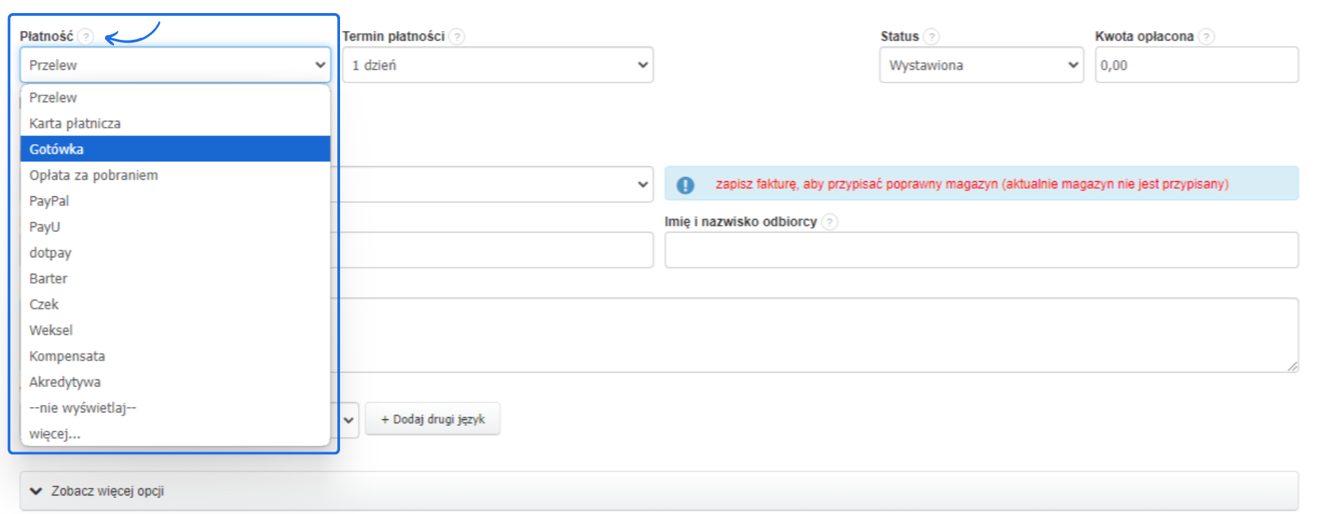 Widok wyboru metody płatności na fakturze z listą opcji takich jak przelew, gotówka, karta płatnicza, PayPal, PayU, czek, barter i inne.