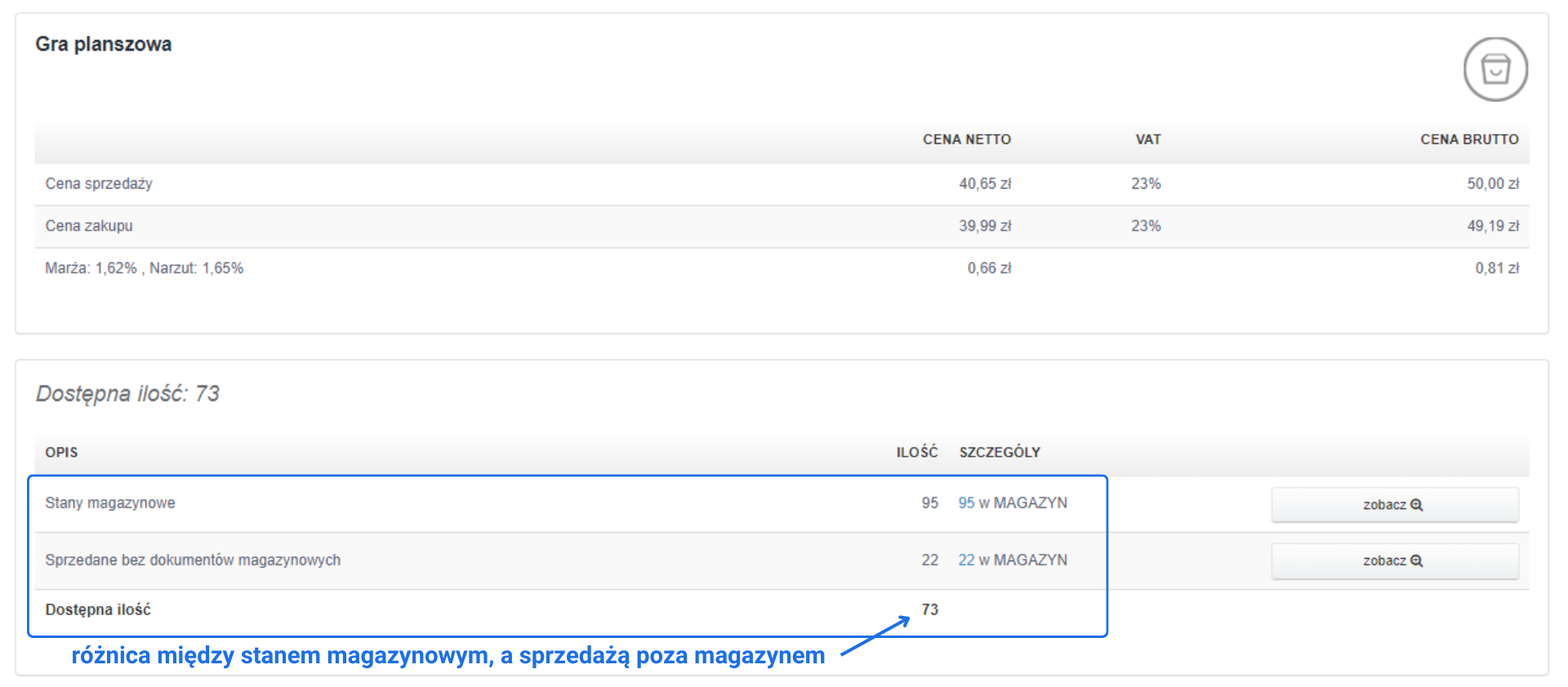 Karta produktu gry planszowej w Fakturownia.pl, pokazująca cenę netto, VAT, marżę oraz dostępne ilości w magazynie i sprzedane bez dokumentów magazynowych.