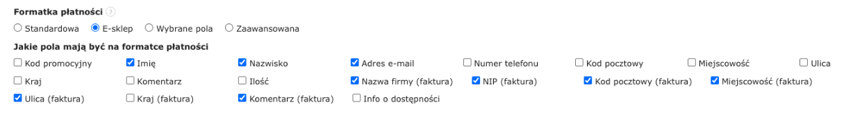 Ustawienia formatki płatności w e-sklepie z polami: imię, nazwisko, e-mail, ulica, kod pocztowy, miasto, NIP i nazwa firmy.