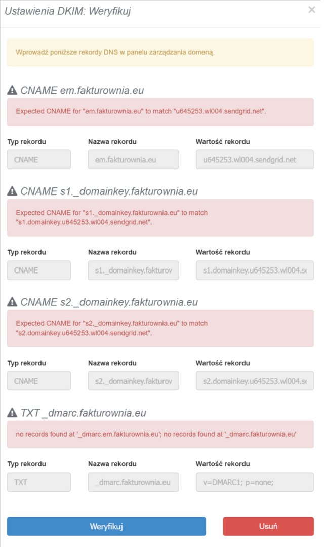 Ekran ustawień DKIM z błędami weryfikacji rekordów DNS, zaznaczone problemy z rekordami CNAME dla fakturownia.eu oraz brak rekordów TXT.