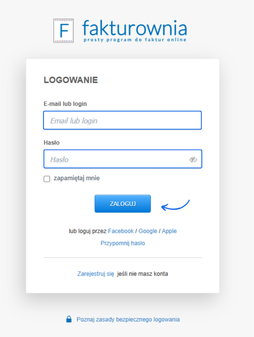 Formularz logowania do Fakturowni z opcją zapamiętania danych i przyciskiem 'Zaloguj'.