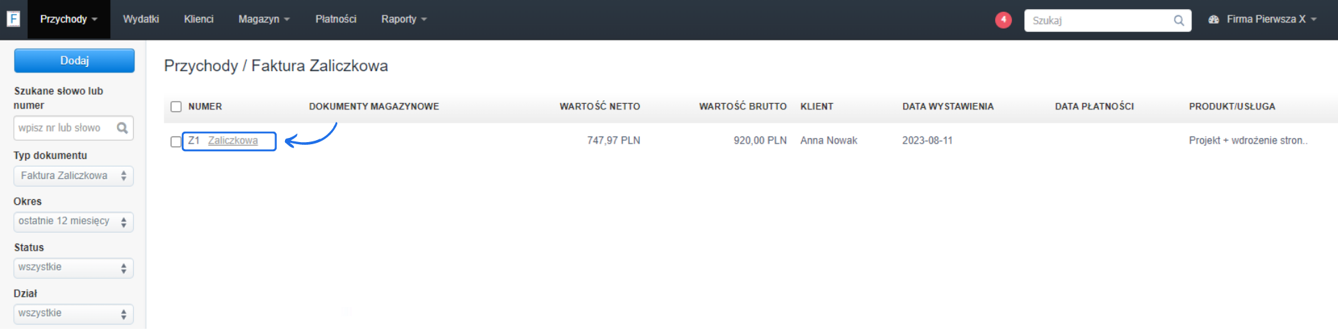 Ekran programu Fakturownia z listą faktur zaliczkowych, zawierający przykładową fakturę zaliczkową wraz z wartościami i nabywcą faktury.