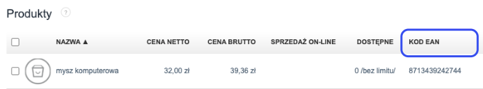 Lista produktów w Fakturowni z kolumną Kod EAN i przypisanymi do nich kodami EAN