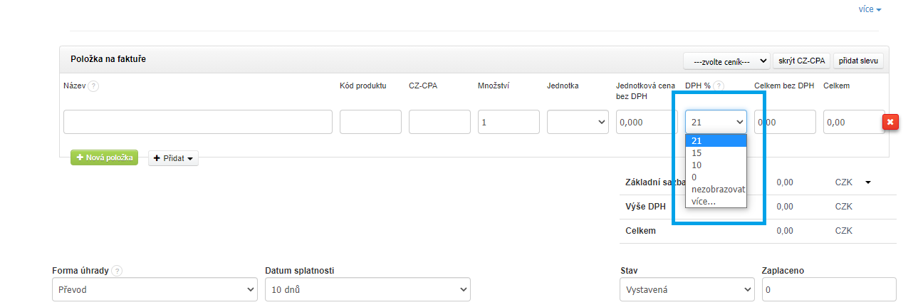 Polozka na fakture DPH