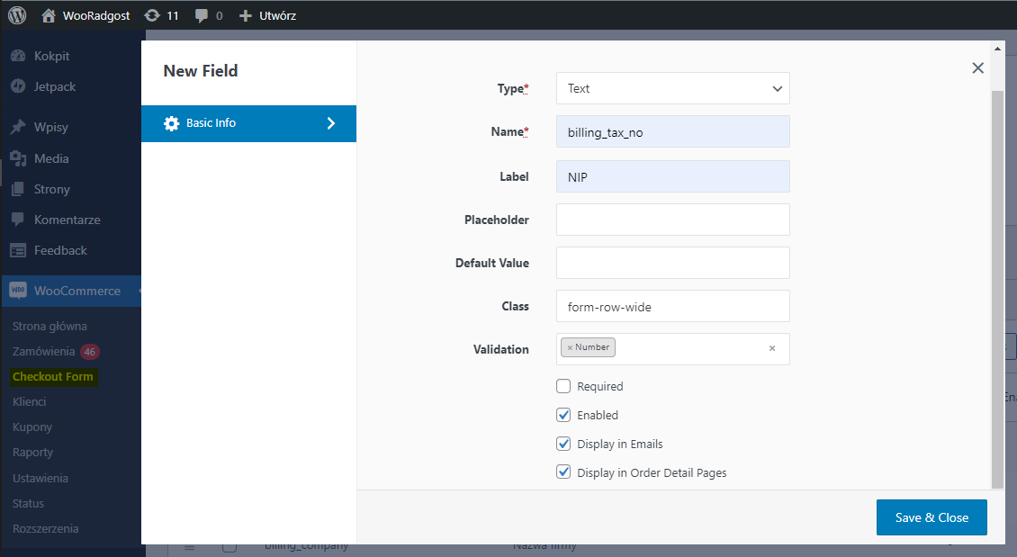 Ekran WooCommerce z edycją nowego pola formularza Checkout, skonfigurowanego do wprowadzenia numeru NIP.