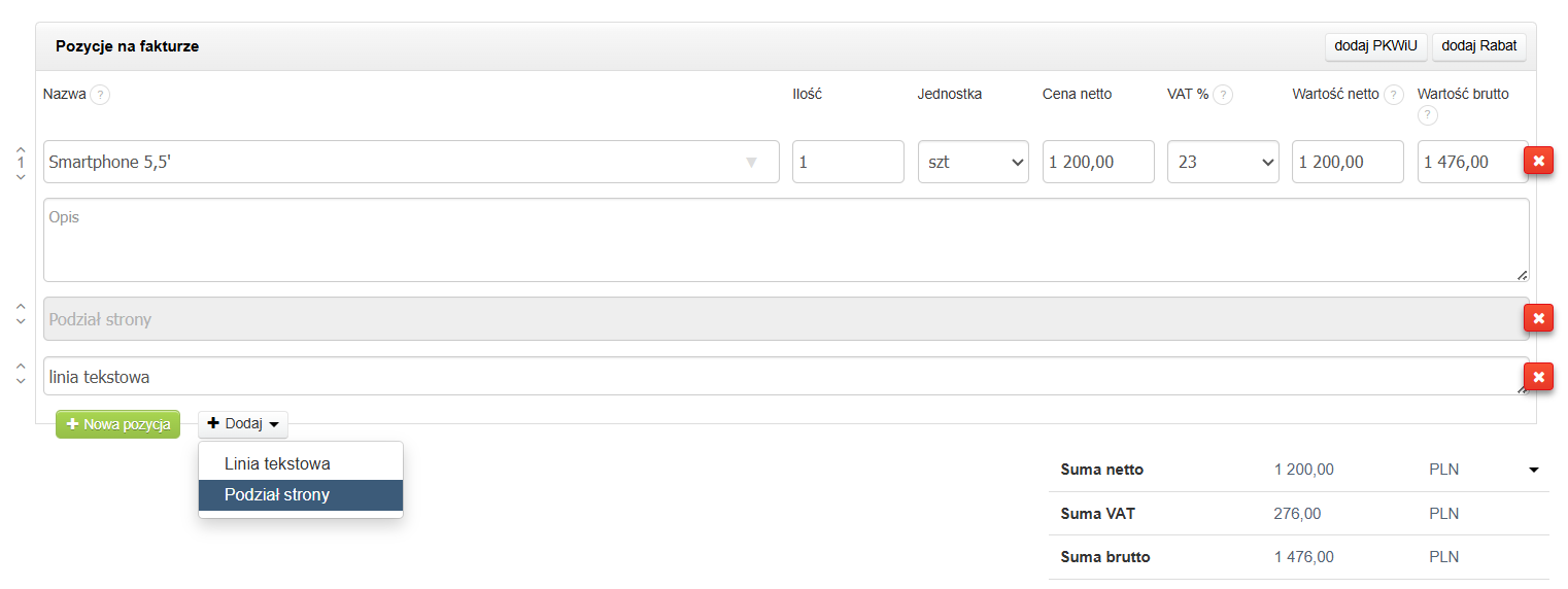 Sekcja pozycji na formularzu tworzenia faktury w systemie Fakturownia z pole opis, podziałem strony i linią tekstową.