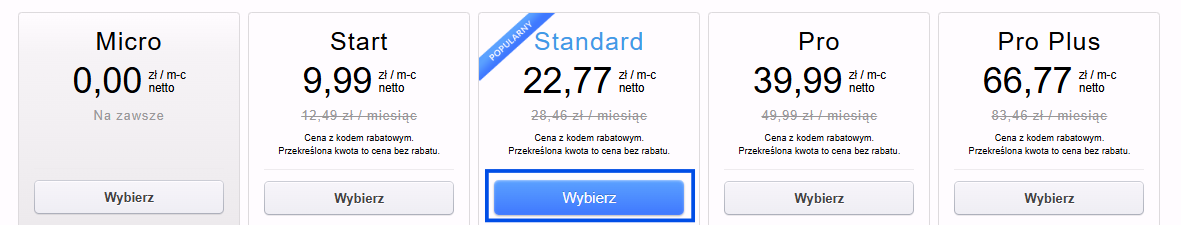 Lista planów abonamentowych dostępna do wyboru przy płatności za konto.