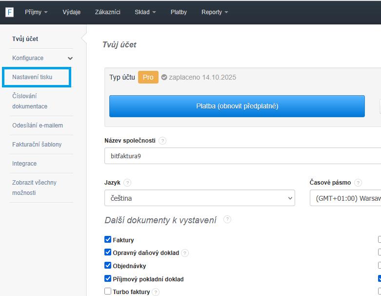 Nasstaveni cisla do proforma faktury 1