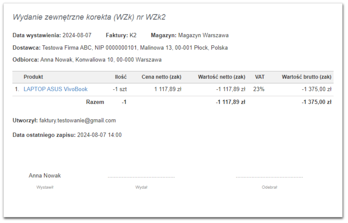Wydanie zewnętrzne korekta (WZk) nr WZk2, dotyczące 1 szt. laptopa ASUS VivoBook, magazyn Warszawa, data wystawienia 2024-08-07.