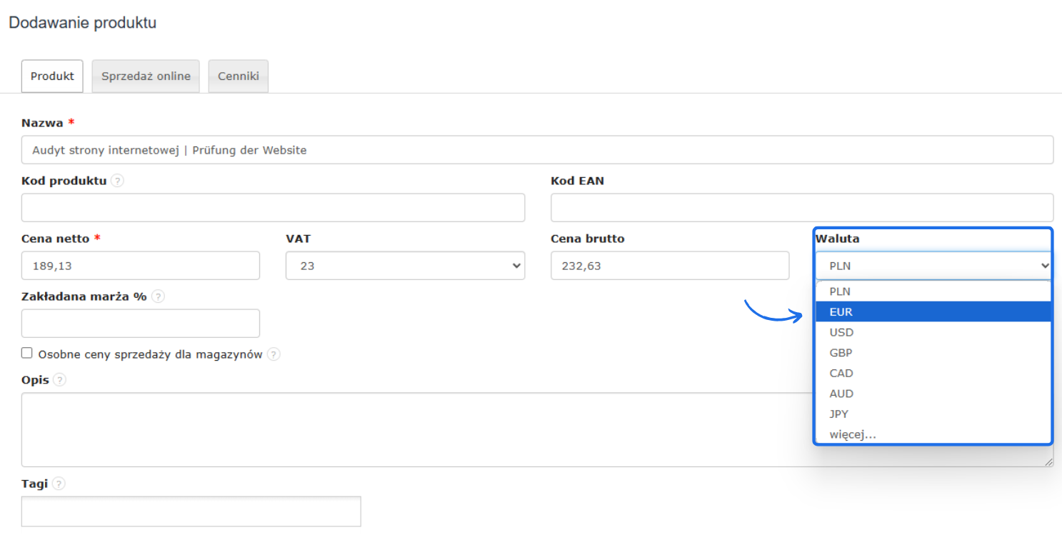 Formularz dodawania nowego produktu z możliwością wyboru waluty sprzedaży, w tym PLN, EUR, USD, i innych.