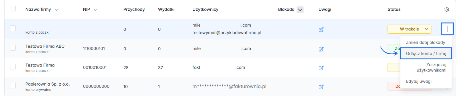Opcja odłączenia konta/firmy z listy obsługiwanych firm w ramach panelu dla biur.