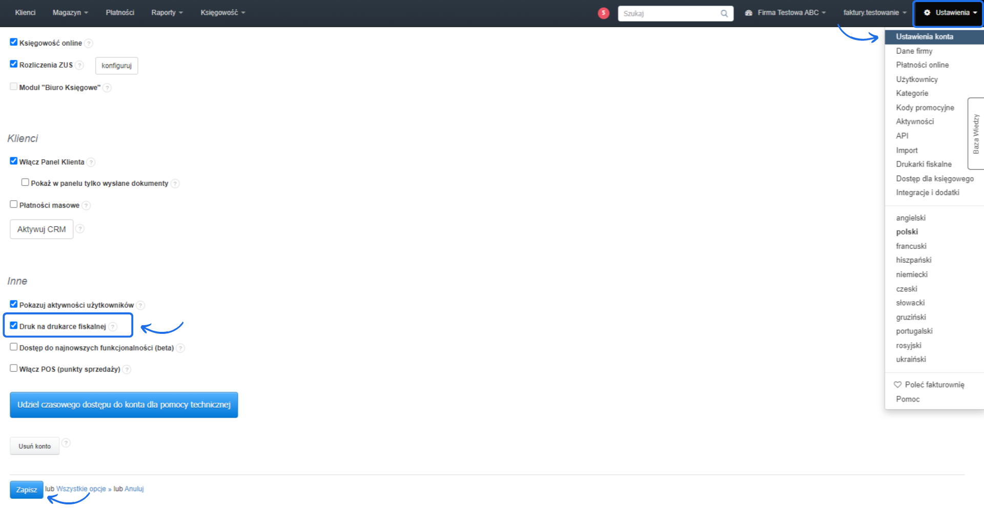 Ekran ustawień konta w Fakturowni z zaznaczoną opcją 'Druk na drukarce fiskalnej' oraz możliwością zapisania zmian w systemie.